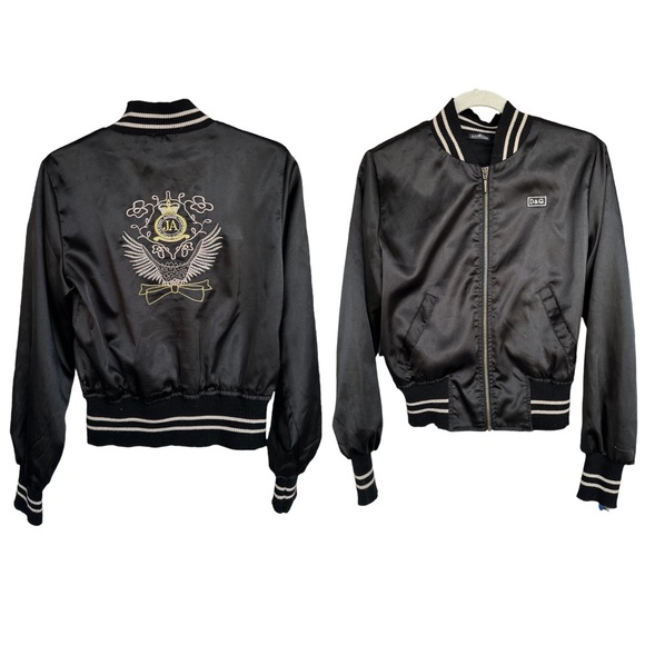 Dolce & Gabbana Vtg. Y2K black satin Bomber jacket embroidery Logo S - Picture 7 of 15
